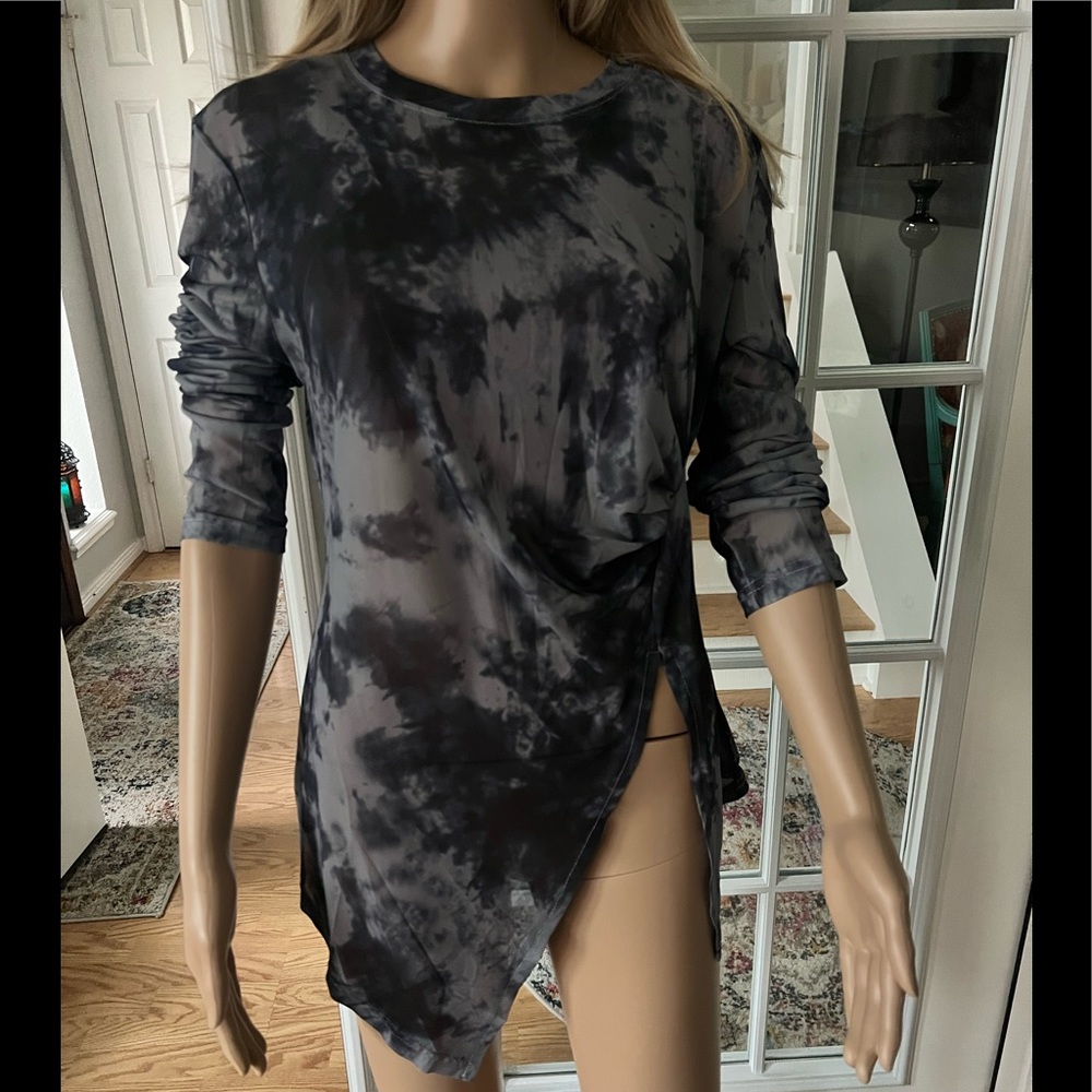 Tie Dye Sheer Long Sleeve Top, Ruched Split, Blue and White, Dazy, Size XL